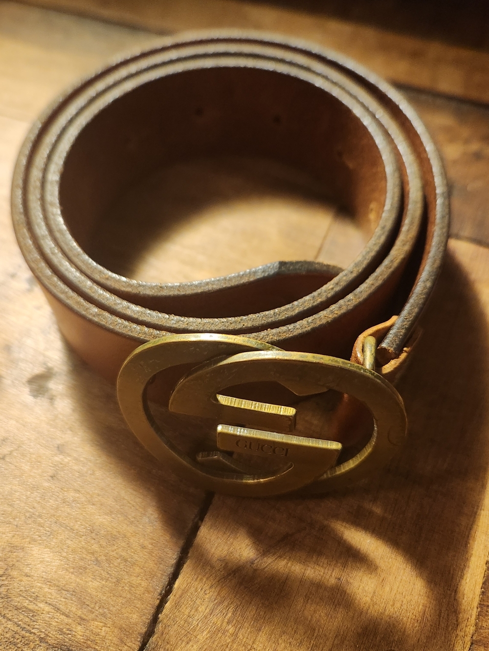 Vintage GUCCI Tan Leather Belt with Brass Double G Buckle - Picture 2 of 3